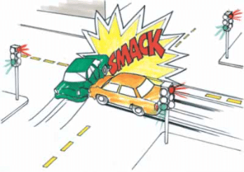 Illustrated image of colliding cars at a crossroad.
