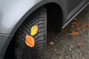 The Necessary Services Your Tires Need This Fall | CAMS Automotive in Kenner, LA. Image of tires with leaves and on a wet road in autumn season.
